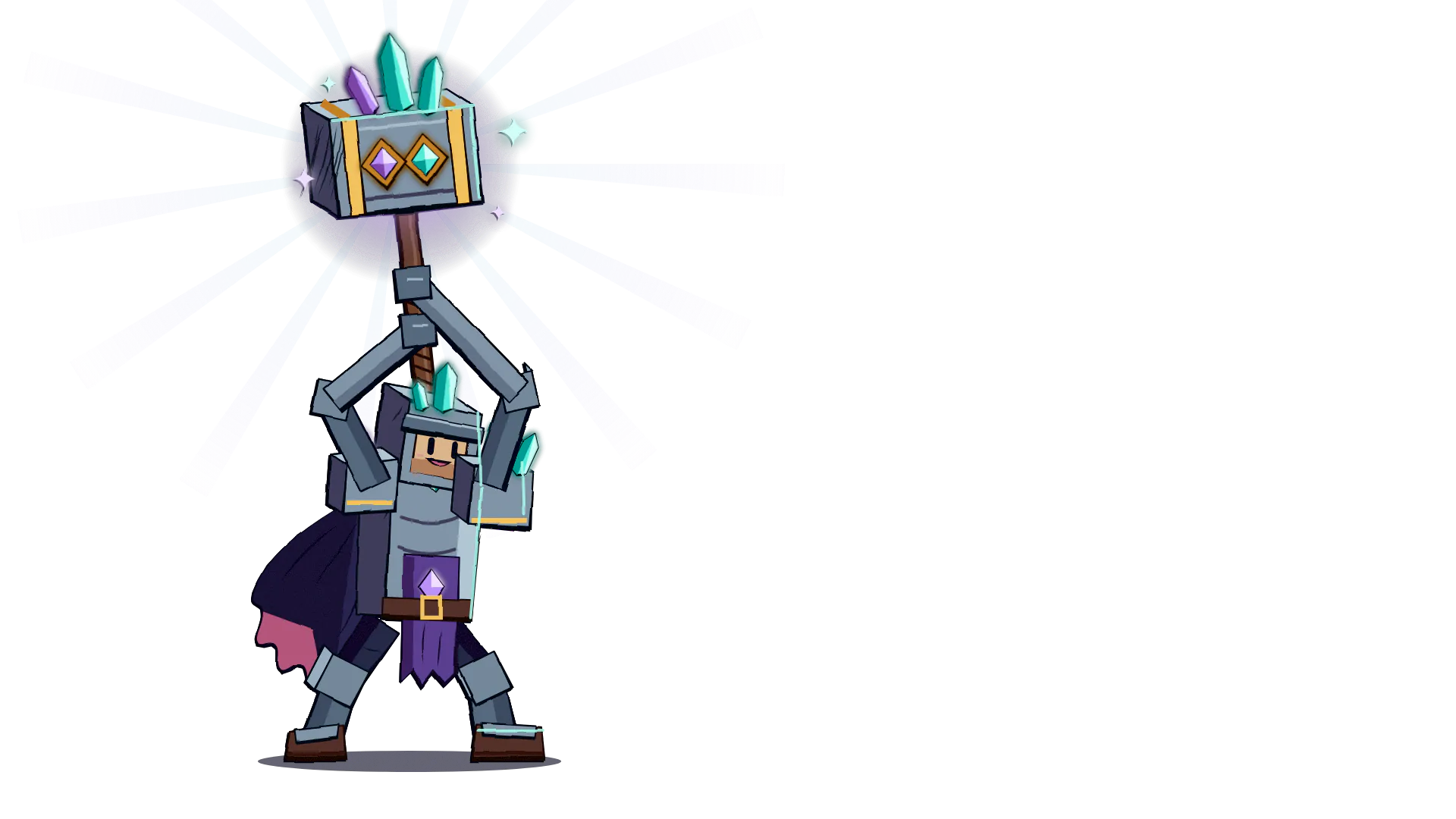 A Warden in shard armour raises a huge hammer set with an aqua and a violet shard in front of a vault
