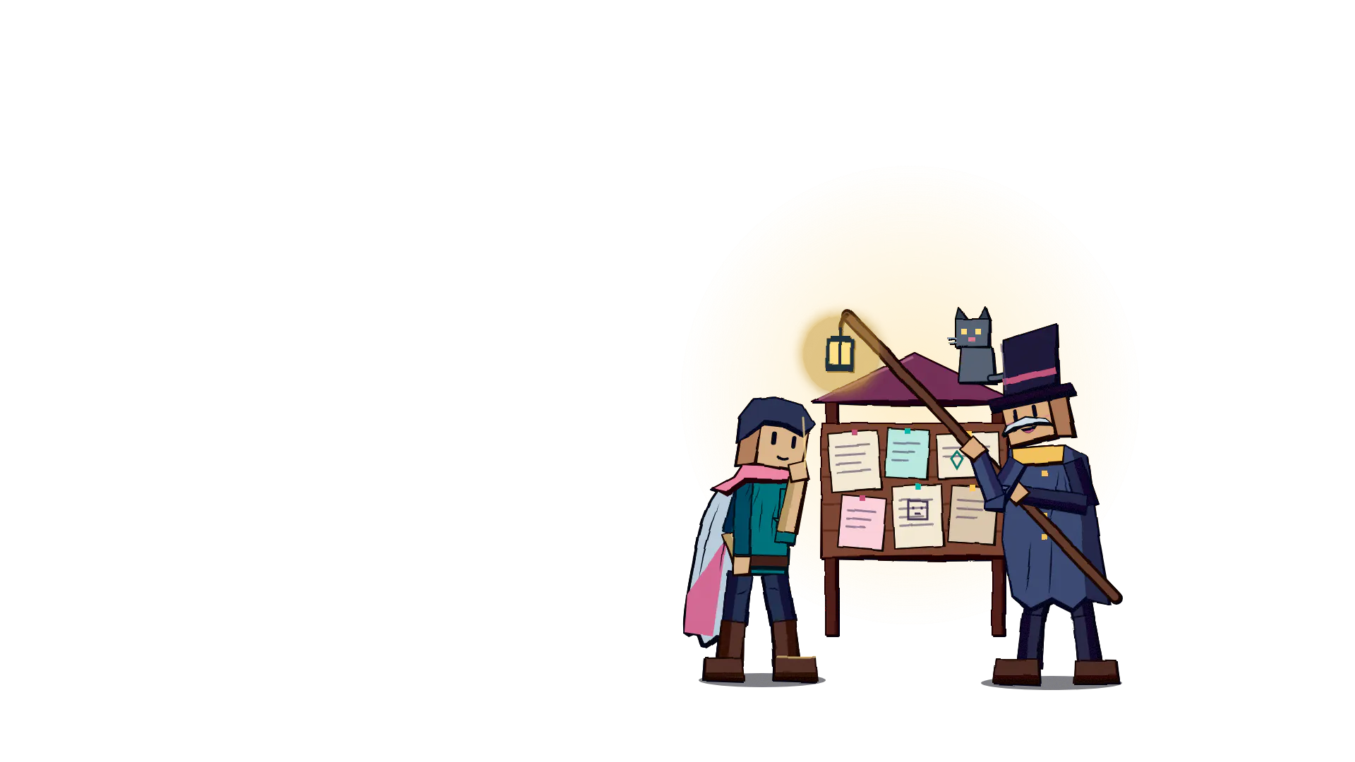 An adventurer and a lamplighter in a top hat read the quest board in the village square while a cat watches from the top